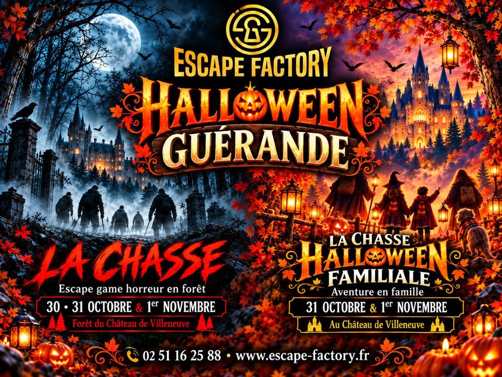 Halloween à Guérande : LA CHASSE, escape game horreur en forêt les 30, 31 octobre et 1er novembre, et La Chasse Halloween Familiale les 31 octobre et 1er novembre, au Château de Villeneuve
